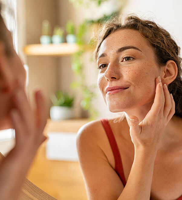 Freckled woman looking over her face and neck in a mirror